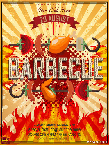 Bbq Party Invitation With Grill, Food Sketches Elements And Fire 375x500 Bbq Party Invitation With Grill, Food Sketches Elements And Fire