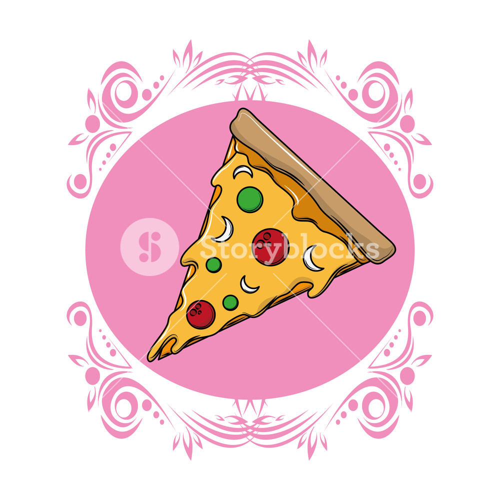 1000x1000 Pizza Piece Italian Food Pink Vintage Round Frame Vector