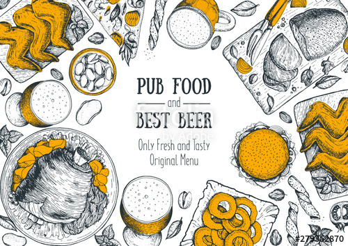500x354 Pub Food Frame Vector Illustration Beer, Meat, Fast Food