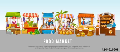 500x219 Food Market Cartoon Banner Concept Local Business Vector