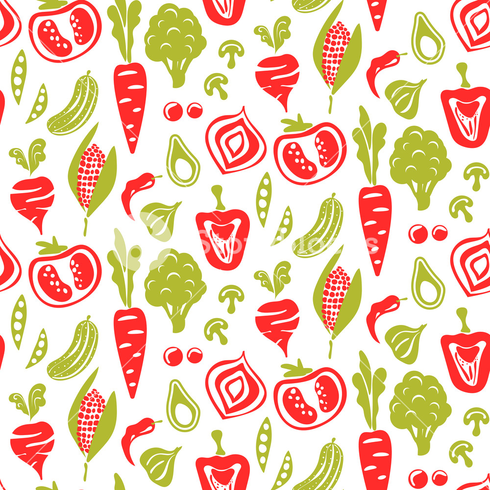 1000x1000 Seamless Food Pattern Vector Background Organic Vegetables Red