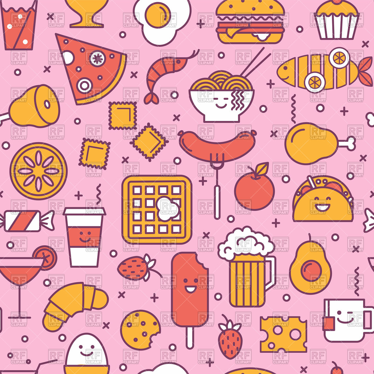 1200x1200 Seamless Pink Pattern With Restaurant And Fast Food Icon Vector