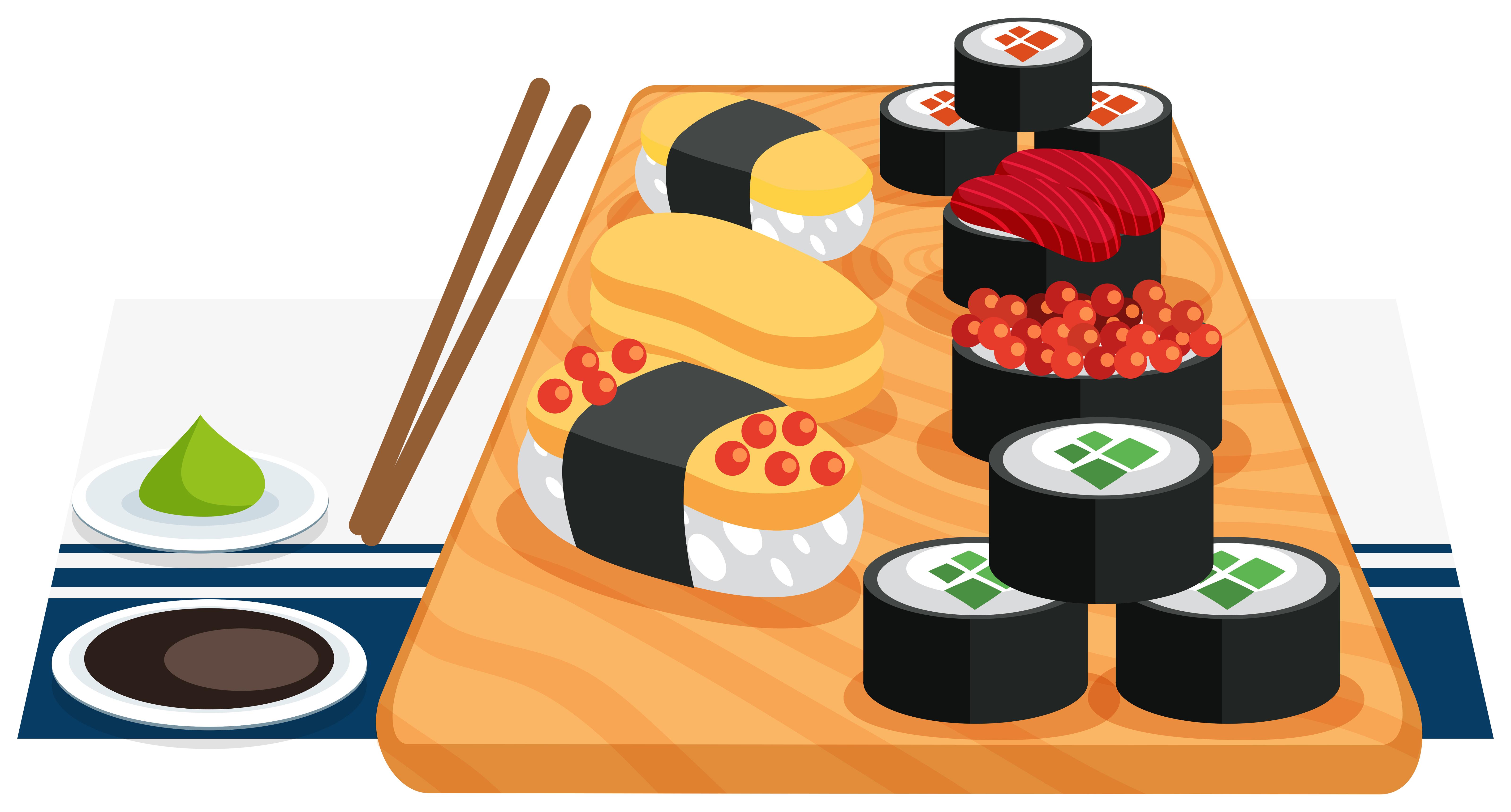 6395x3440 Unique Set Of Sushi On Plate Vector Image