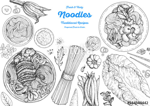 500x354 Asian Food Engraved Sketch Noodle Dishes Top View Frame Food