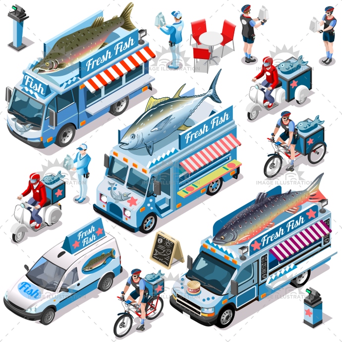690x690 Food Truck Van Fish Shop Delivery Vector Isometric Vehicle Bundl