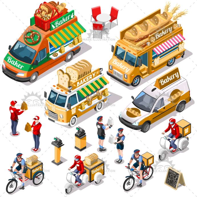 690x690 Food Truck Bakery Bread Delivery Vector Isometric Vehicle Bundle