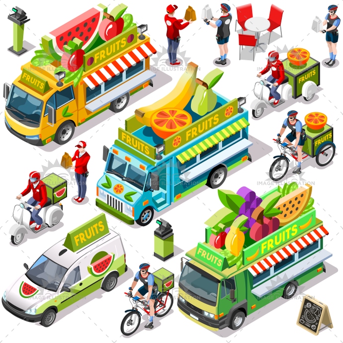 690x690 Food Truck Fruit Cart Delivery Vector Isometric Vehicle Bundle