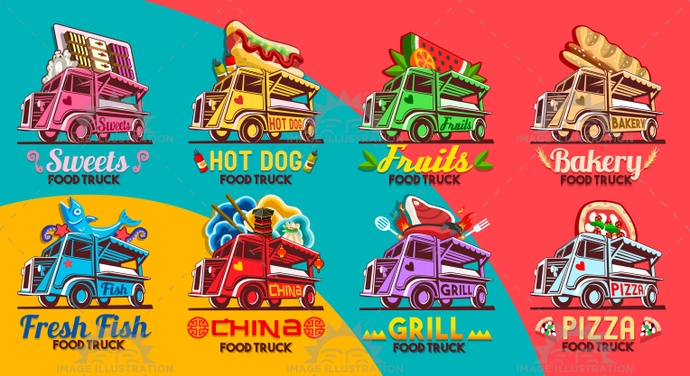 690x376 Fast Food Truck Van Restaurant Delivery Icon Vector Logo Bundle
