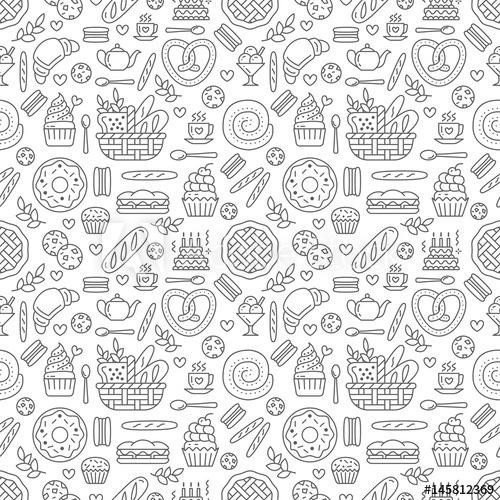 500x500 Bakery Seamless Pattern, Food Vector Background Of Black White