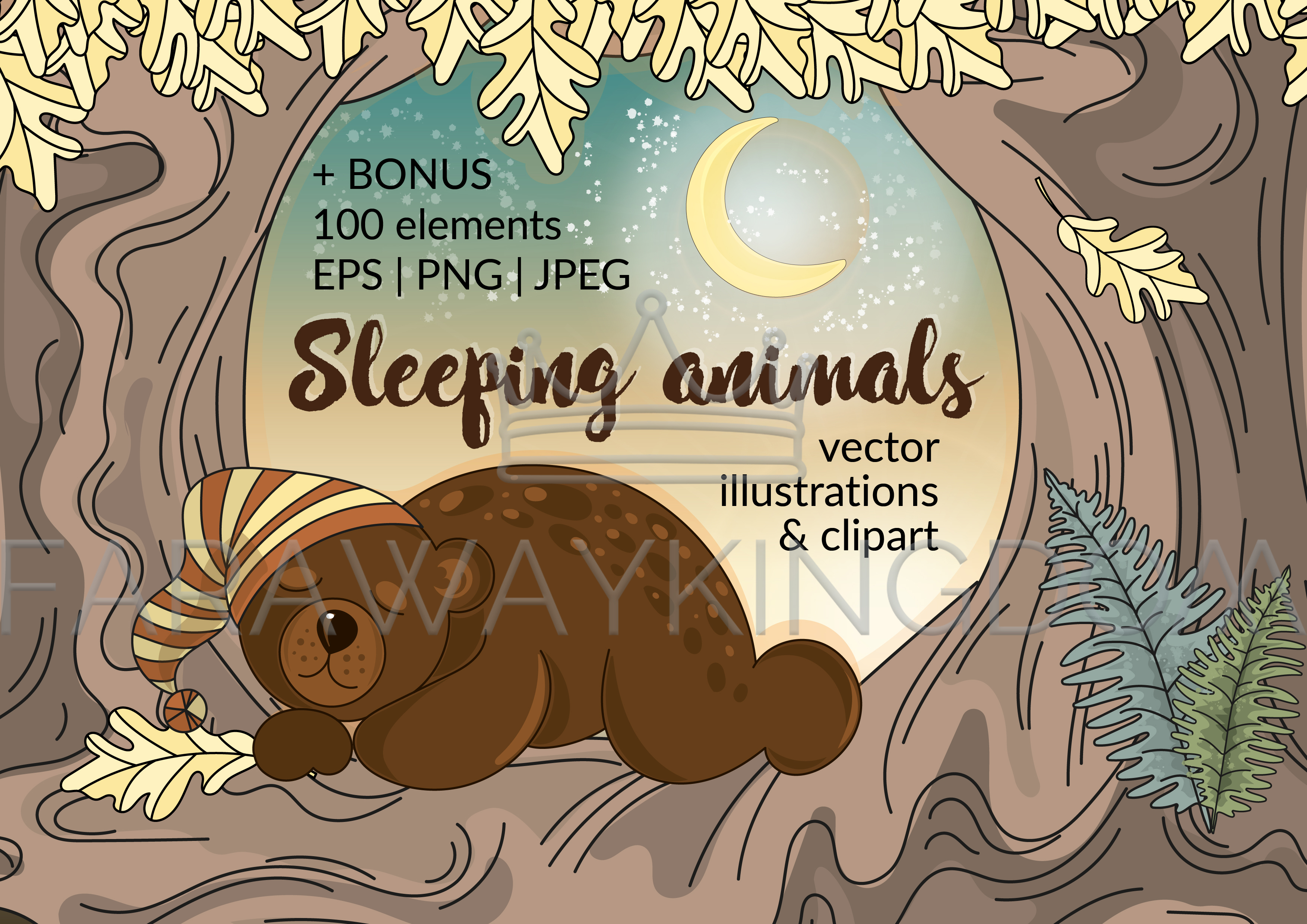 3508x2480 Sleeping Animals Forest Cartoon Vector Illustration Set