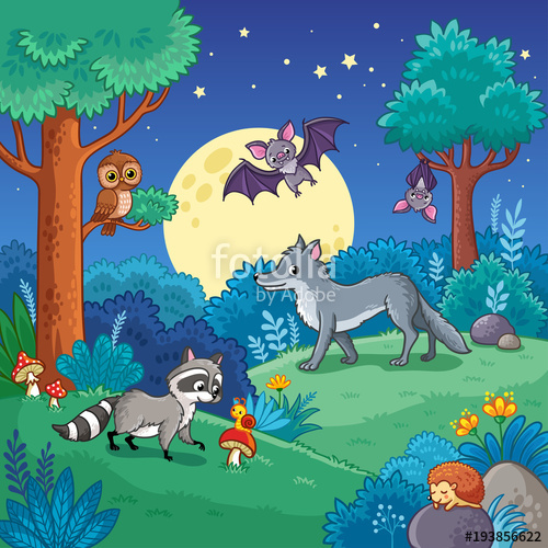 500x500 Background With Animals In The Night Forest Vector Illustration