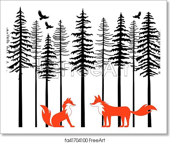 560x470 Free Art Print Of Foxes In Forest, Vector Fox Couple In Fir Tree