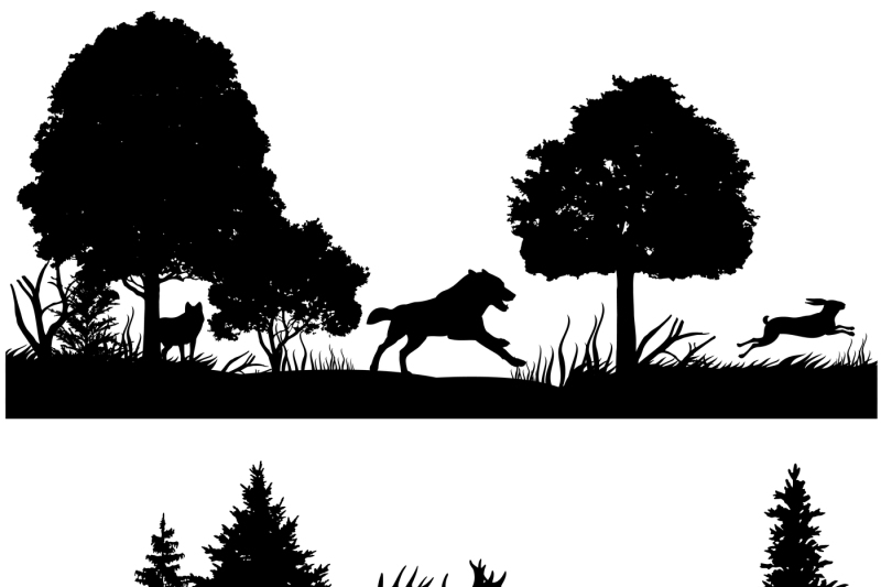 800x533 Wild Animals Silhouettes In Green Fir Forest Vector Illustration