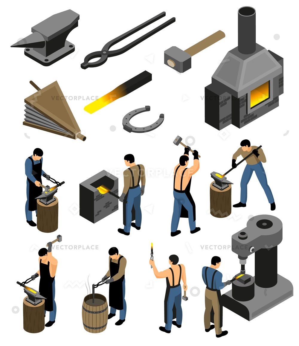 1000x1157 Isometric Blacksmith Set Isolated Images Forging Vector