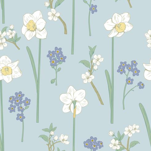 Floral Seamless Pattern Daffodils, Forget Me Not Flowers 490x490 Floral Seamless Pattern Daffodils, Forget Me Not Flowers