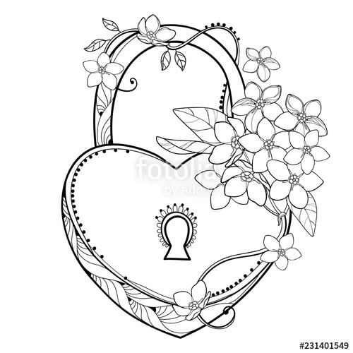 500x500 Vector Padlock Heart With Bouquet Of Outline Forget Me Not
