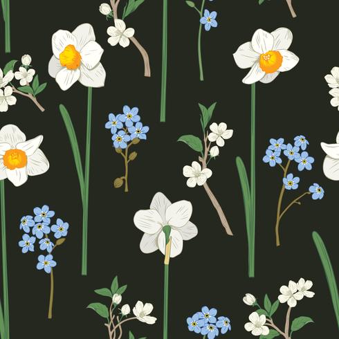 490x490 Floral Seamless Pattern Daffodils, Forget Me Not Flowers