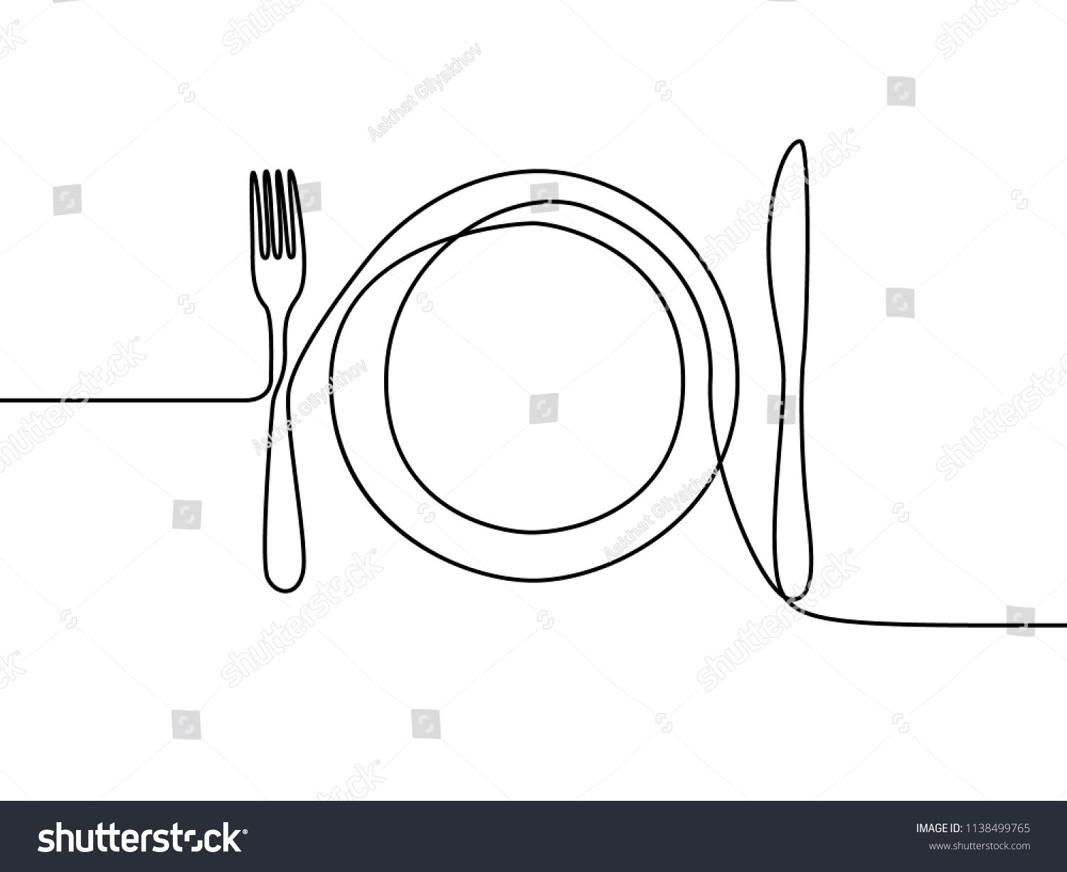 One Continuous Line Plate, Khife And Fork Vector Illustration 1500x1225 One Continuous Line Plate, Khife And Fork Vector Illustration