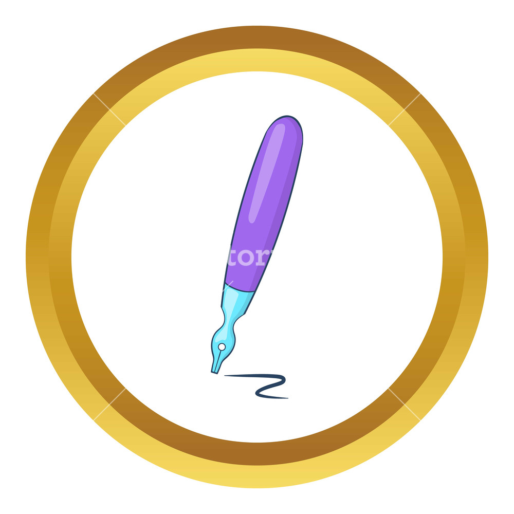 1000x1000 Fountain Pen Vector Icon In Golden Circle, Cartoon Style Isolated