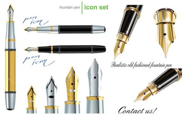 600x377 Realistic Fountain Pen Vector Icon Set