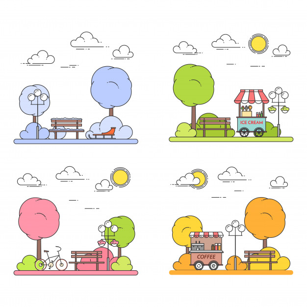 626x626 Four Seasons City Landscapes With Central Park In Flat Line Art