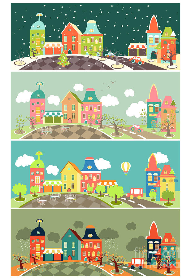 617x900 Urban Landscape Of Four Seasons Vector Digital Art
