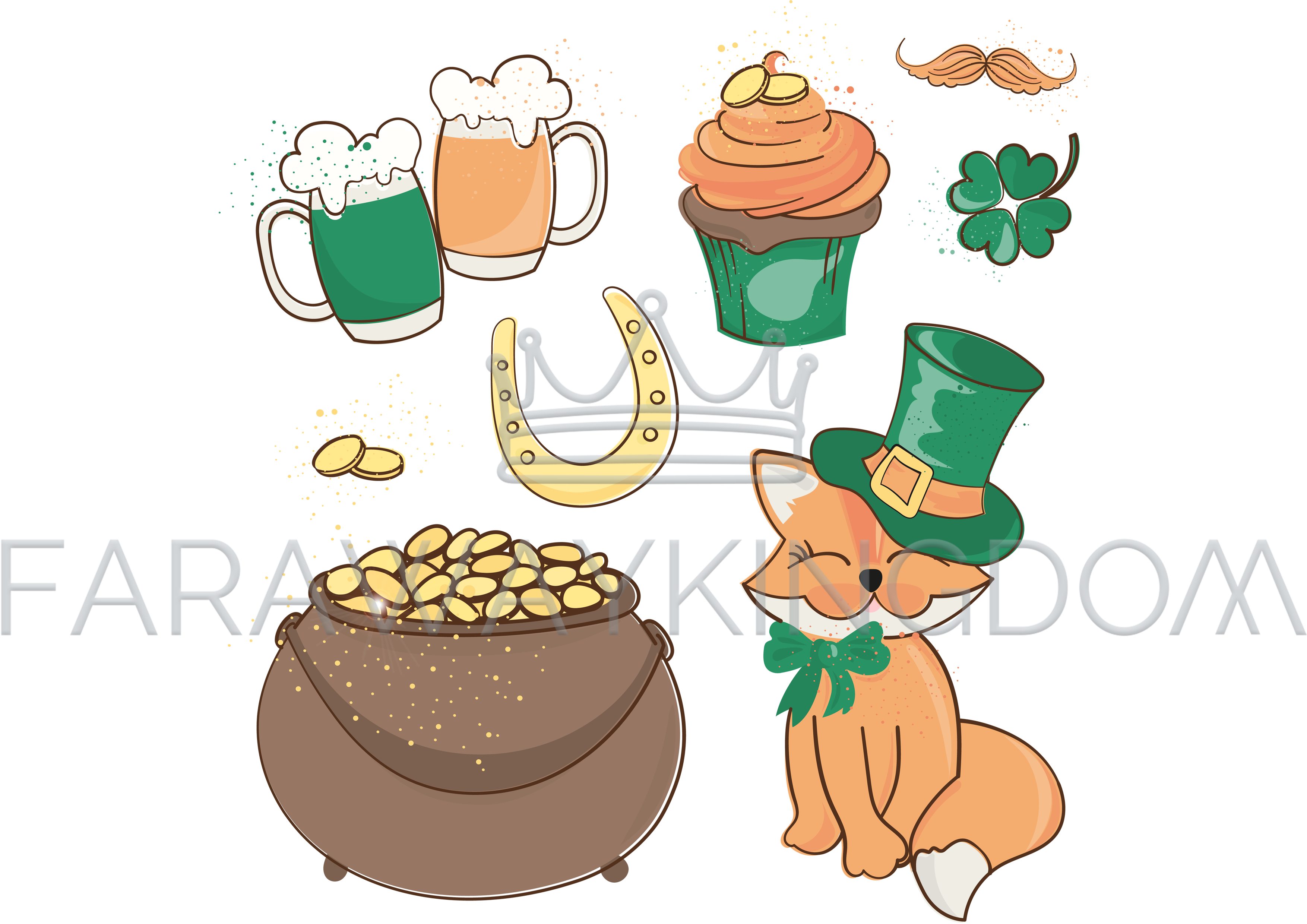 3508x2480 Fox Treasure Saint Patrick Day Cartoon Vector Illustration Set