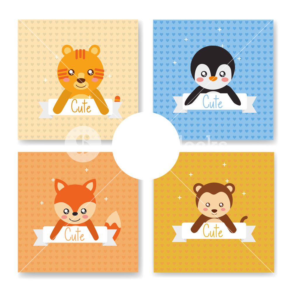 1000x1000 Cute Animal Set Tiger Fox Penguin Monkey Babies Cartoon Vector