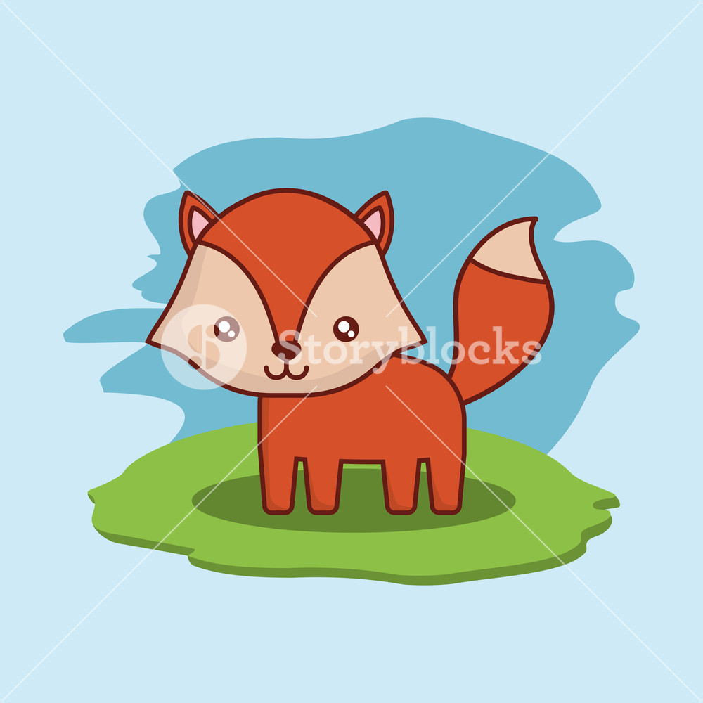 1000x1000 Ladscape With Cute Fox Icon Over Blue Background, Colorful Design