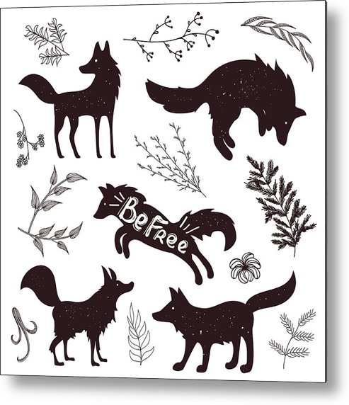 493x572 Vector Wild Fox Silhouettes With Lettering Quote Metal Print