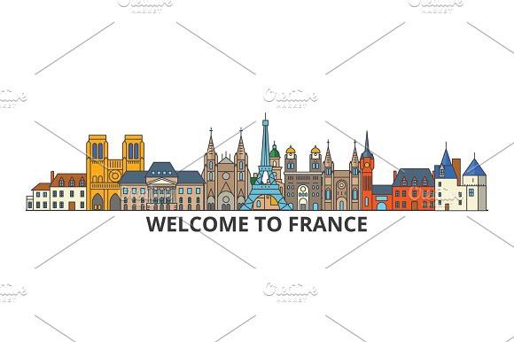 580x386 France Outline Skyline, French Flat Thin Line Icons, Landmarks