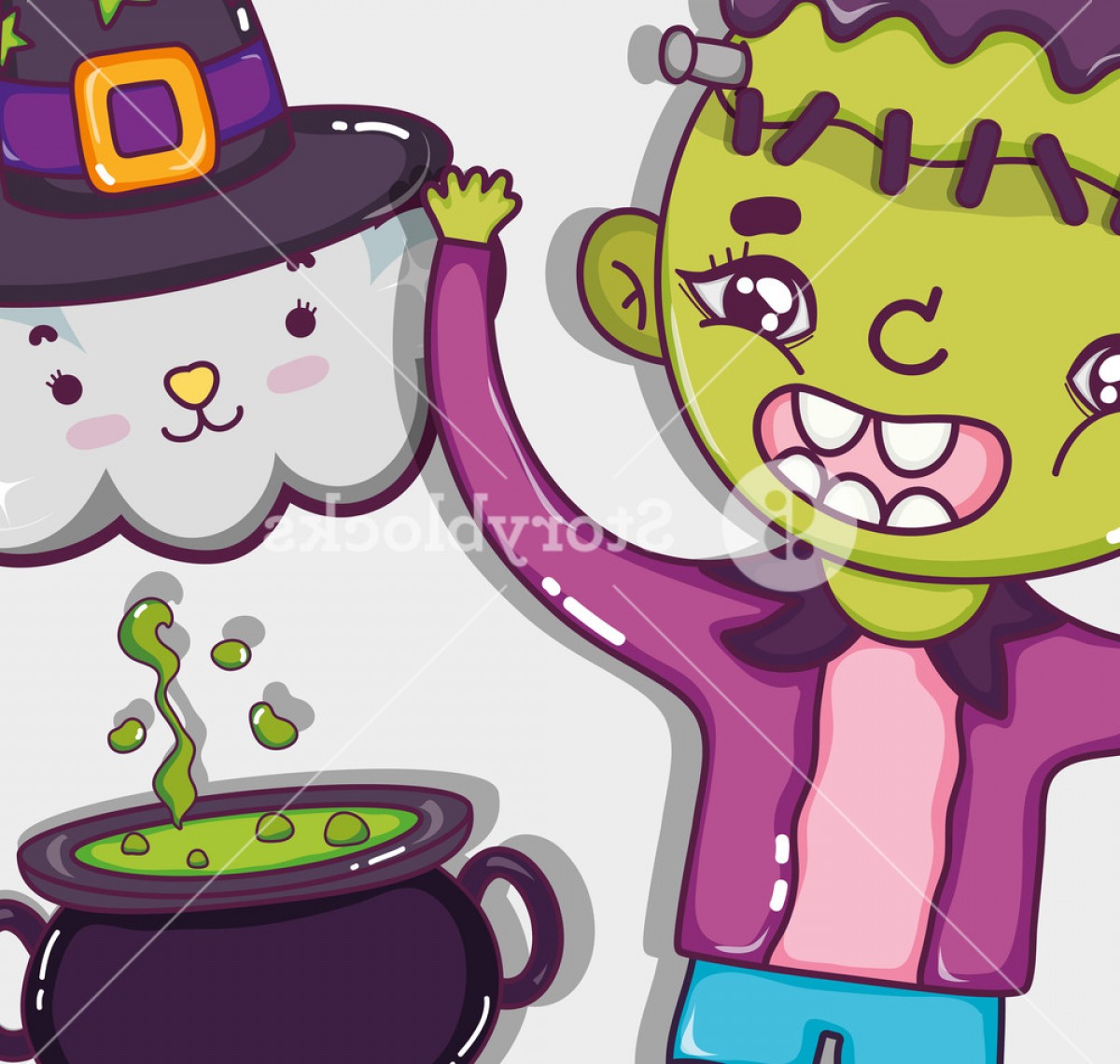 1200x1140 Halloween Frankenstein And Cloud With Soup Pot Cartoons Vector