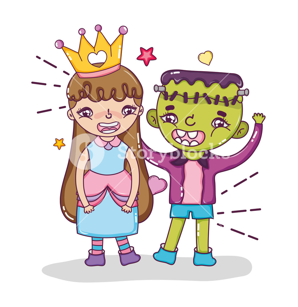 972x1000 Halloween Princess Girl And Frankenstein Cartoons Vector