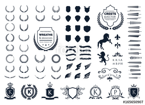500x364 Vintage Crest Logo Element Set, Coat Of Arms, Award Laurel Wreaths