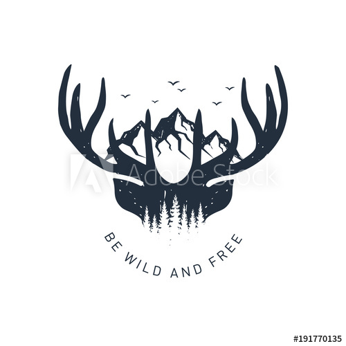 500x500 Hand Drawn Travel Badge With Deer Antlers And Mountains Textured