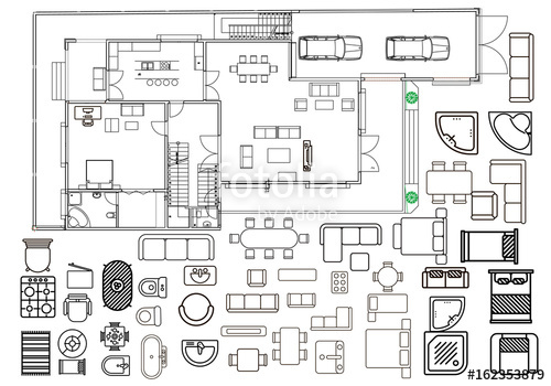 500x350 Floorplan With Isolated Furniture Elements In Top View Stock