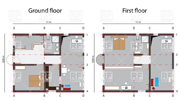 711x400 Home Ground And First Floor Plans Vector Image Of Architecture