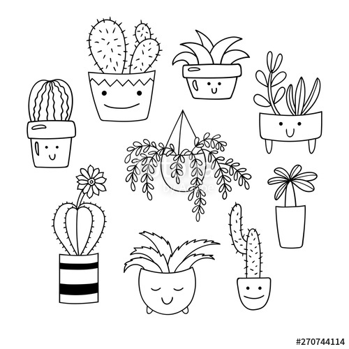 500x500 Set Of Cute Cartoon Potted Plants Succulents And Cacti In Flower