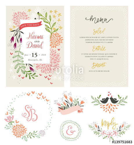 Hand Drawing Wedding Typographic Cards With Birds, Flowers 462x500 Hand Drawing Wedding Typographic Cards With Birds, Flowers