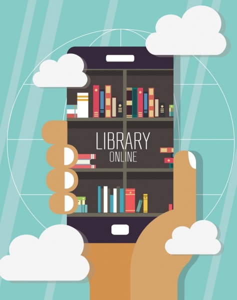 474x600 Digital Library Background Smartphone Bookshelf Hand Clouds Icons