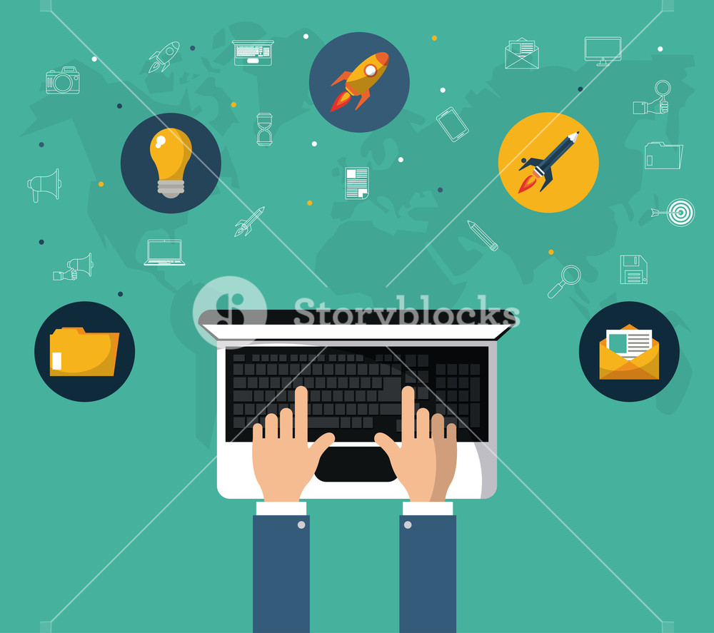 1000x887 Hand With Laptop Online Marketing Website Tool Vector Illustration