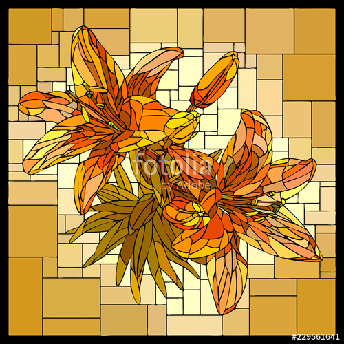 500x500 Vector Stained Glass Window With Blooming Orange Lilies And Buds