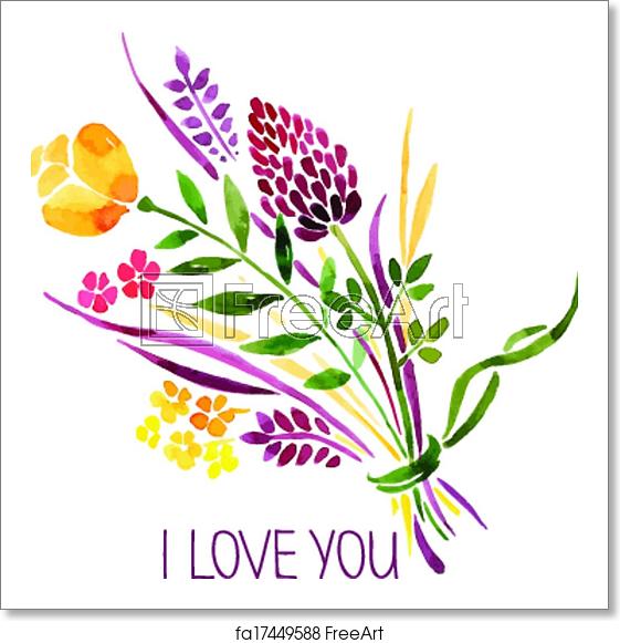 561x581 Free Art Print Of Love Card With Watercolor Floral Bouquet Vector