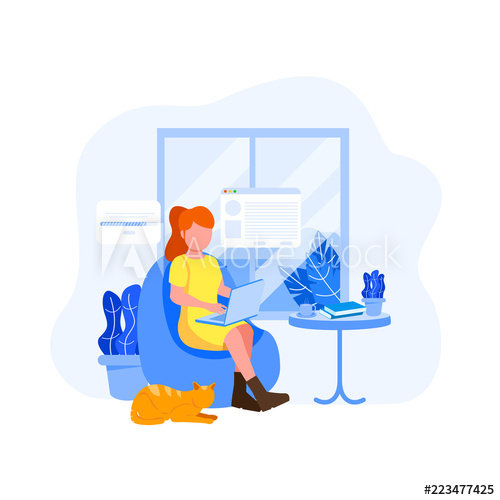 500x500 Work From Home Illustration, Young Woman Freelancer Vector Flat