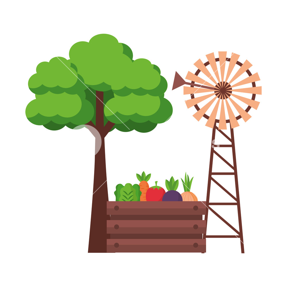 1000x1000 Windmill Vegetables And Tree Farm Fresh Vector Illustration