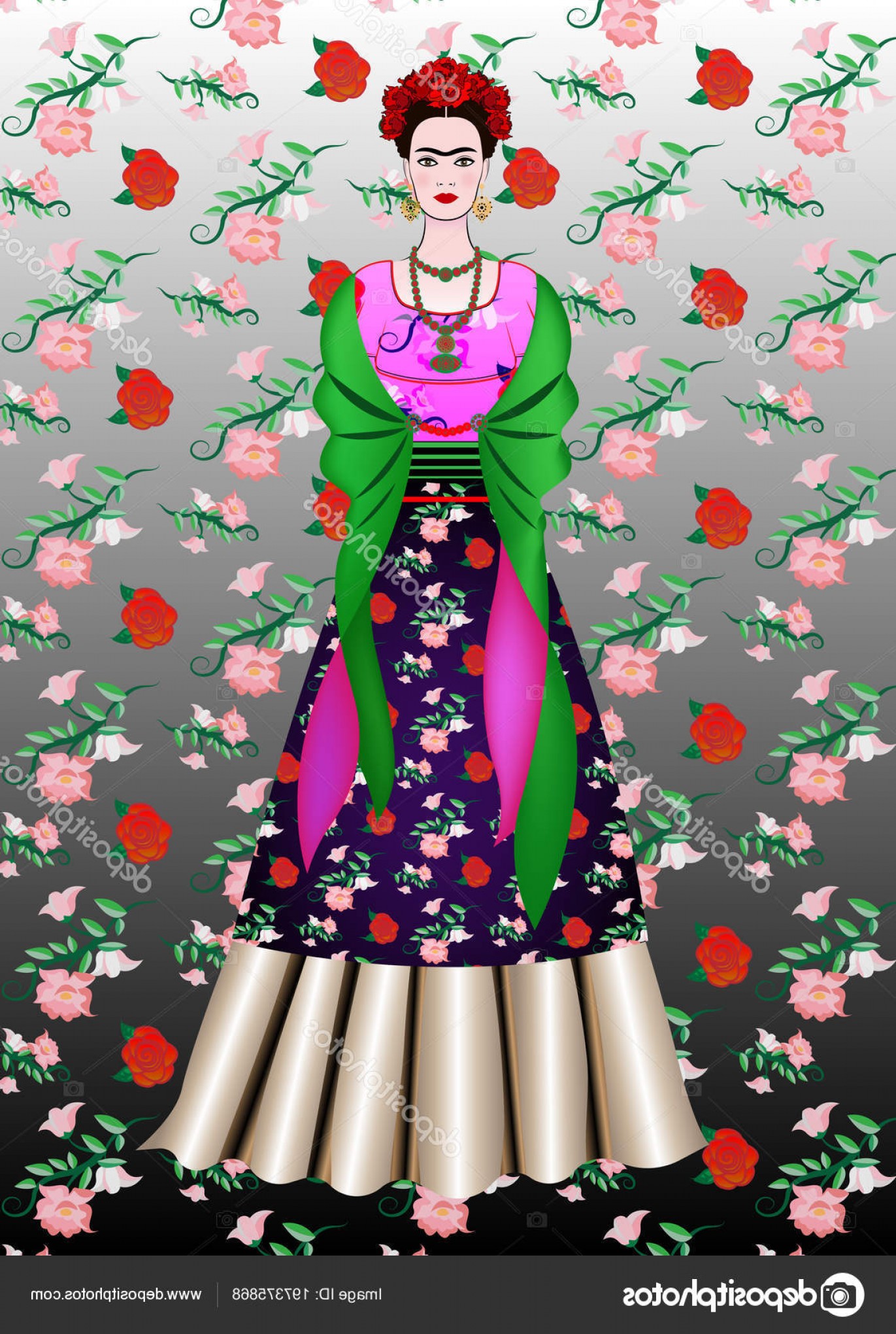 1371x2040 Stock Illustration Frida Kahlo Vector Portrait Mexican Soidergi