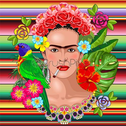 500x500 Frida Kahlo Floral Exotic Portrait On Mexican Fabric Textile Motif
