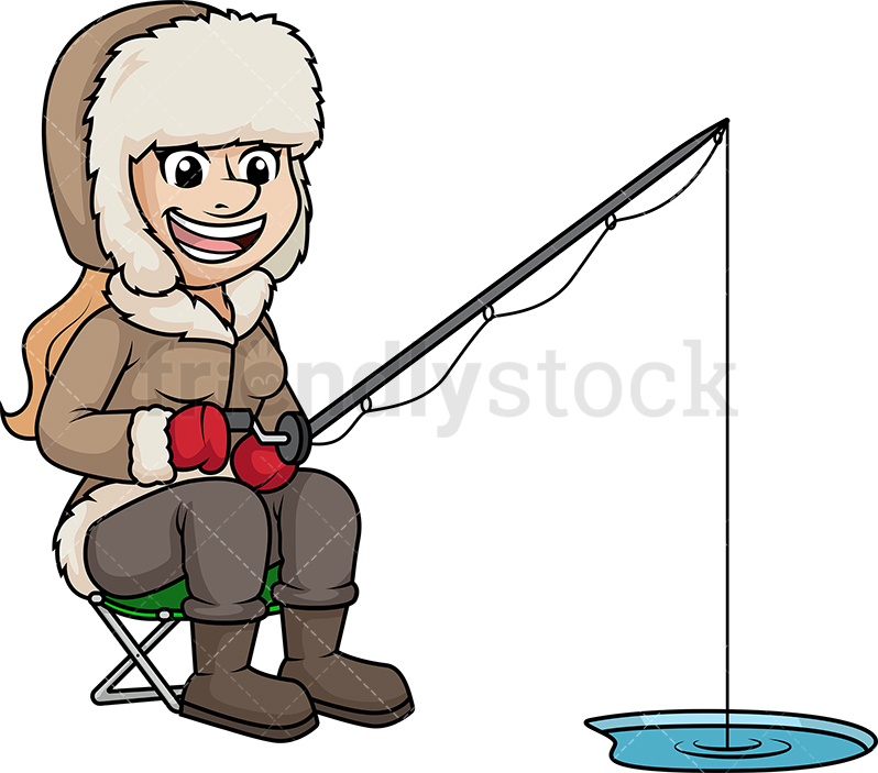 798x703 Woman Fishing On Frozen Lake Cartoon Clipart Vector