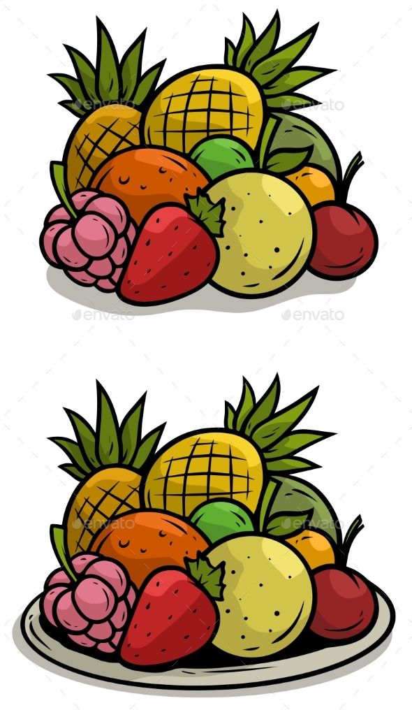 590x1016 Cartoon Colorful Fruits On Tray Vector Set Cartoon Colorful