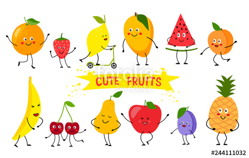 500x317 Set Of Cute Kawaii Fruit Cartoon Fruits Character Stock Image